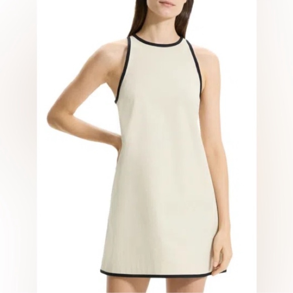 Theory Sleeveless Sand Shift Dress with Black Trim